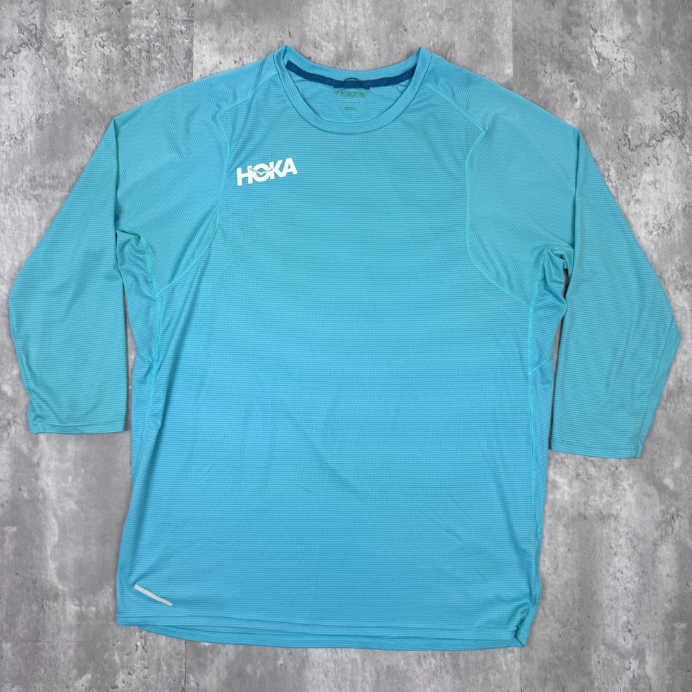 HOKA One One Glide Shirt Mens Large Blue 3/4 Sleeve Running Performance Athlete